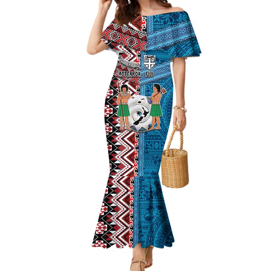 Personalised Aotearoa and Fiji Together Family Matching Mermaid Dress and Hawaiian Shirt Melanesian Warrior and Koru - Taniko with Hibiscus Tapa Pattern