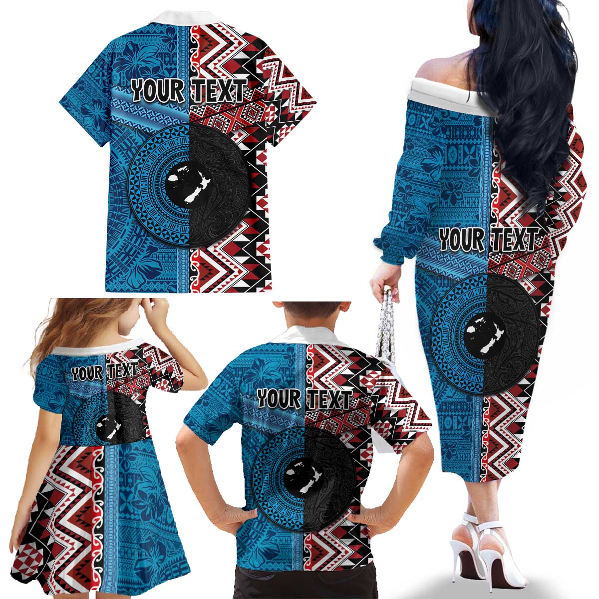 Personalised Aotearoa and Fiji Together Family Matching Off The Shoulder Long Sleeve Dress and Hawaiian Shirt Melanesian Warrior and Koru - Taniko with Hibiscus Tapa Pattern