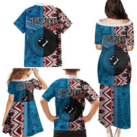 Personalised Aotearoa and Fiji Together Family Matching Puletasi and Hawaiian Shirt Melanesian Warrior and Koru - Taniko with Hibiscus Tapa Pattern