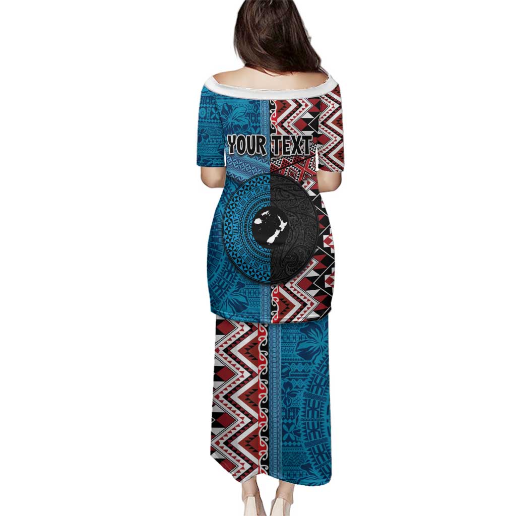 Personalised Aotearoa and Fiji Together Family Matching Puletasi and Hawaiian Shirt Melanesian Warrior and Koru - Taniko with Hibiscus Tapa Pattern