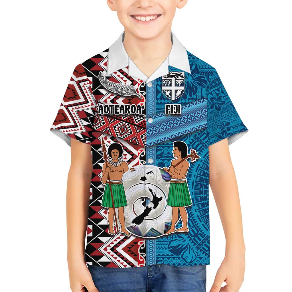 Personalised Aotearoa and Fiji Together Family Matching Summer Maxi Dress and Hawaiian Shirt Melanesian Warrior and Koru - Taniko with Hibiscus Tapa Pattern