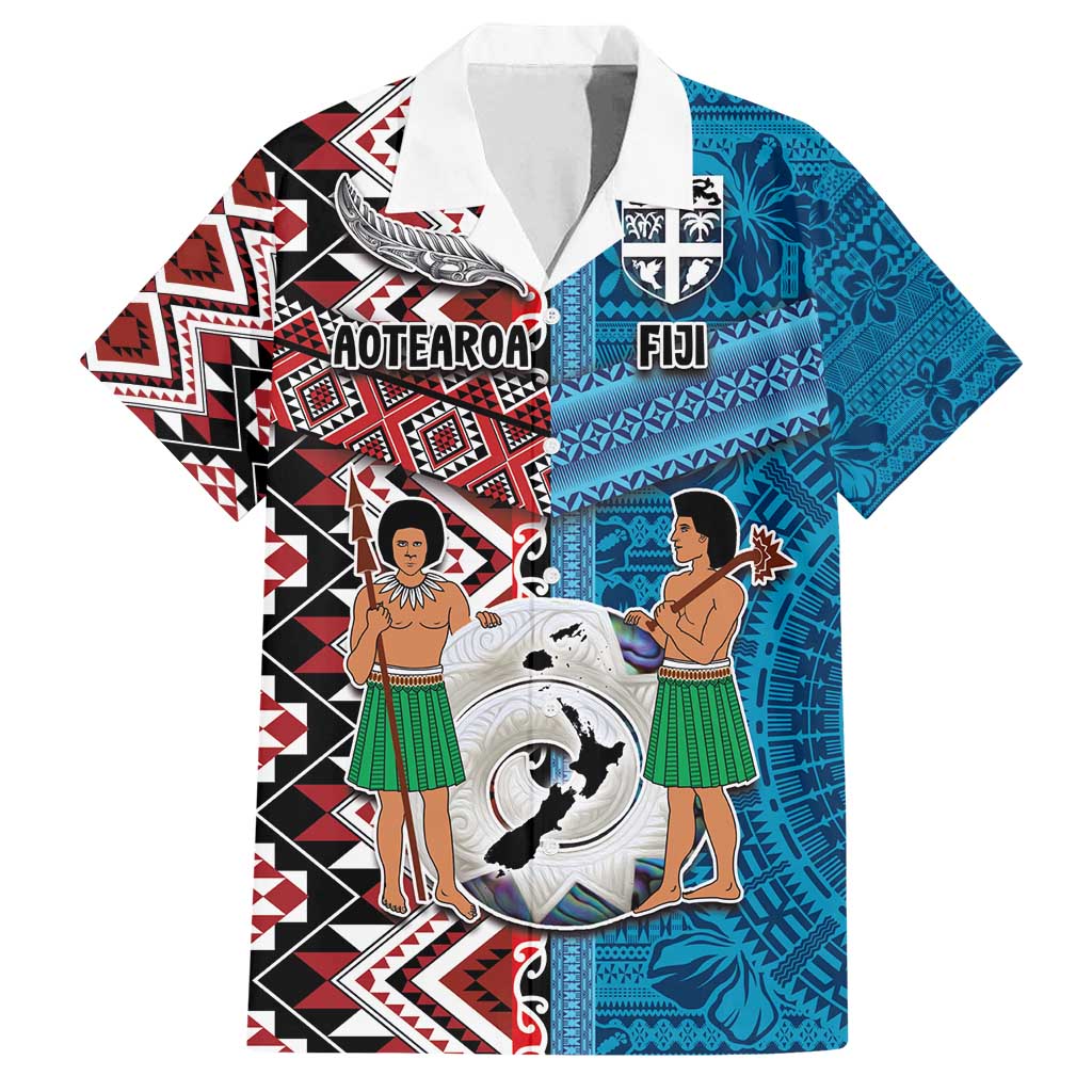 Personalised Aotearoa and Fiji Together Family Matching Tank Maxi Dress and Hawaiian Shirt Melanesian Warrior and Koru - Taniko with Hibiscus Tapa Pattern