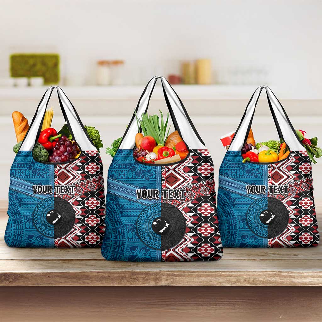 Personalised Aotearoa and Fiji Together Grocery Bag Melanesian Warrior and Koru - Taniko with Hibiscus Tapa Pattern