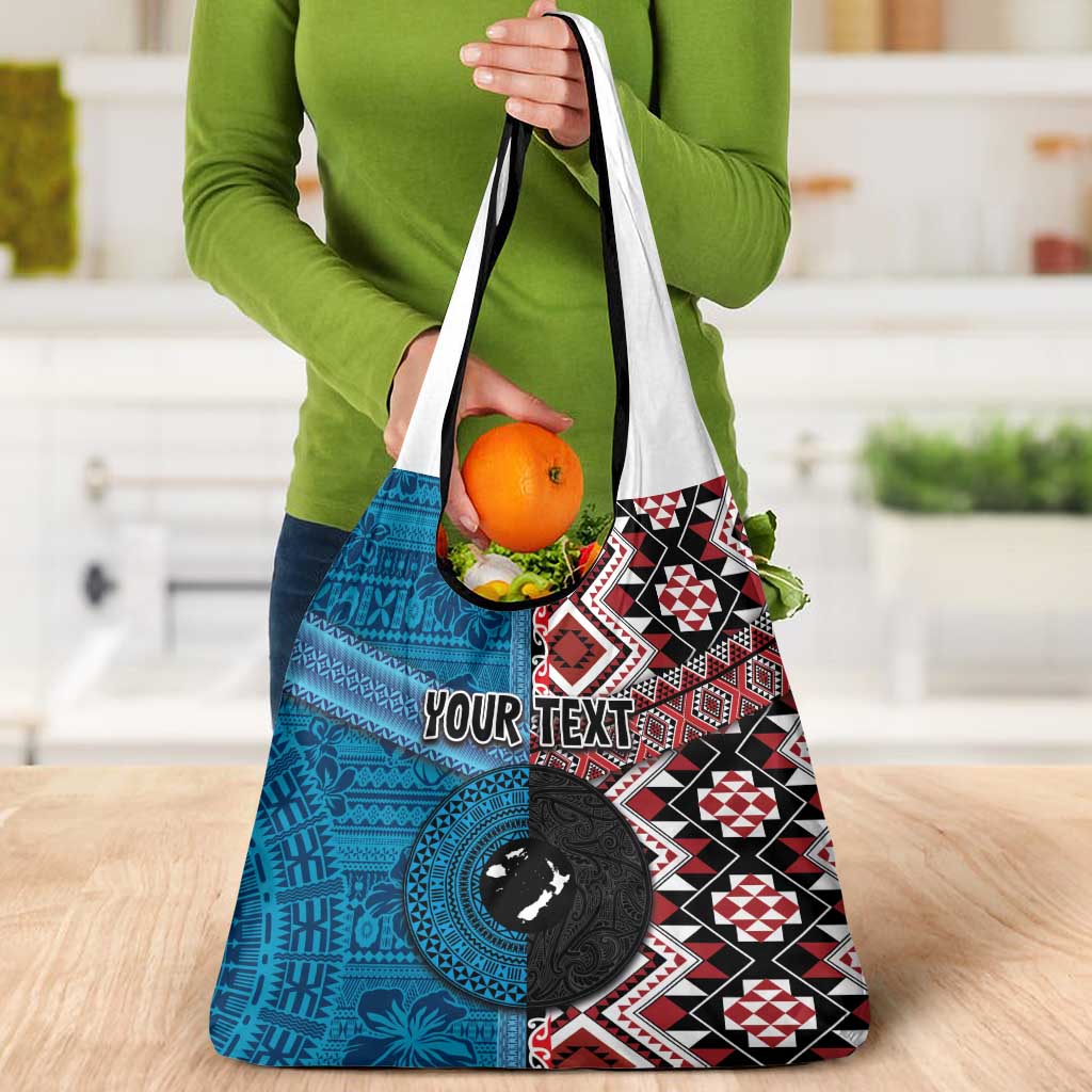 Personalised Aotearoa and Fiji Together Grocery Bag Melanesian Warrior and Koru - Taniko with Hibiscus Tapa Pattern