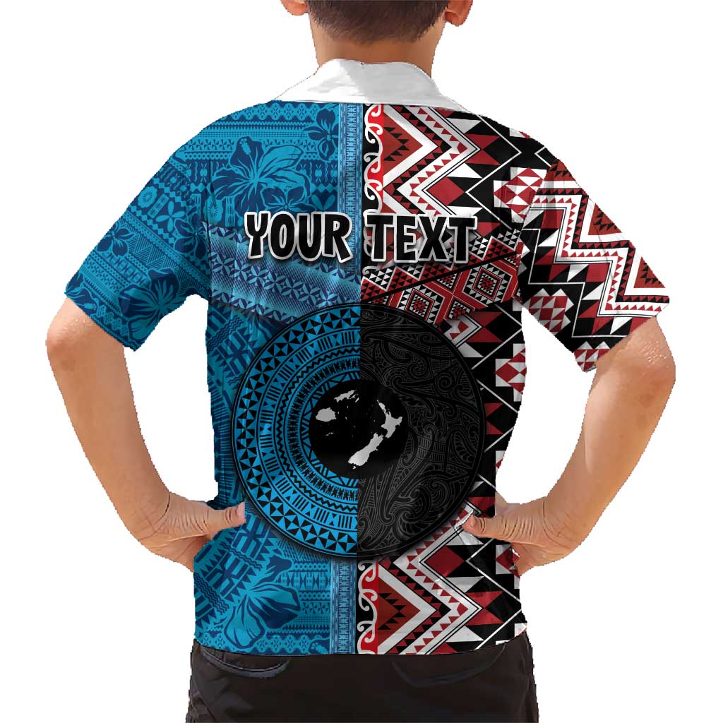 Personalised Aotearoa and Fiji Together Hawaiian Shirt Melanesian Warrior and Koru - Taniko with Hibiscus Tapa Pattern
