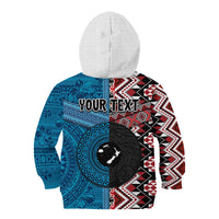 Personalised Aotearoa and Fiji Together Kid Hoodie Melanesian Warrior and Koru - Taniko with Hibiscus Tapa Pattern