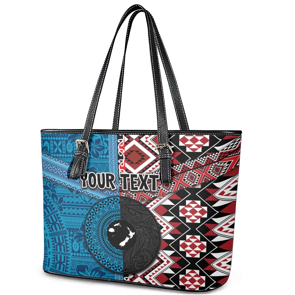 Personalised Aotearoa and Fiji Together Leather Tote Bag Melanesian Warrior and Koru - Taniko with Hibiscus Tapa Pattern