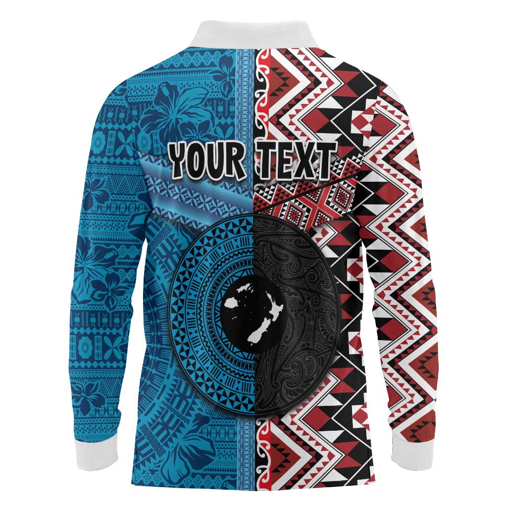 Personalised Aotearoa and Fiji Together Long Sleeve Polo Shirt Melanesian Warrior and Koru - Taniko with Hibiscus Tapa Pattern