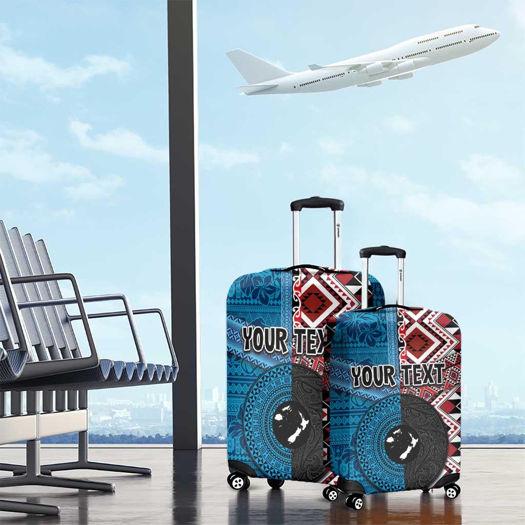 Personalised Aotearoa and Fiji Together Luggage Cover Melanesian Warrior and Koru - Taniko with Hibiscus Tapa Pattern