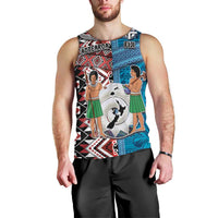Personalised Aotearoa and Fiji Together Men Tank Top Melanesian Warrior and Koru - Taniko with Hibiscus Tapa Pattern