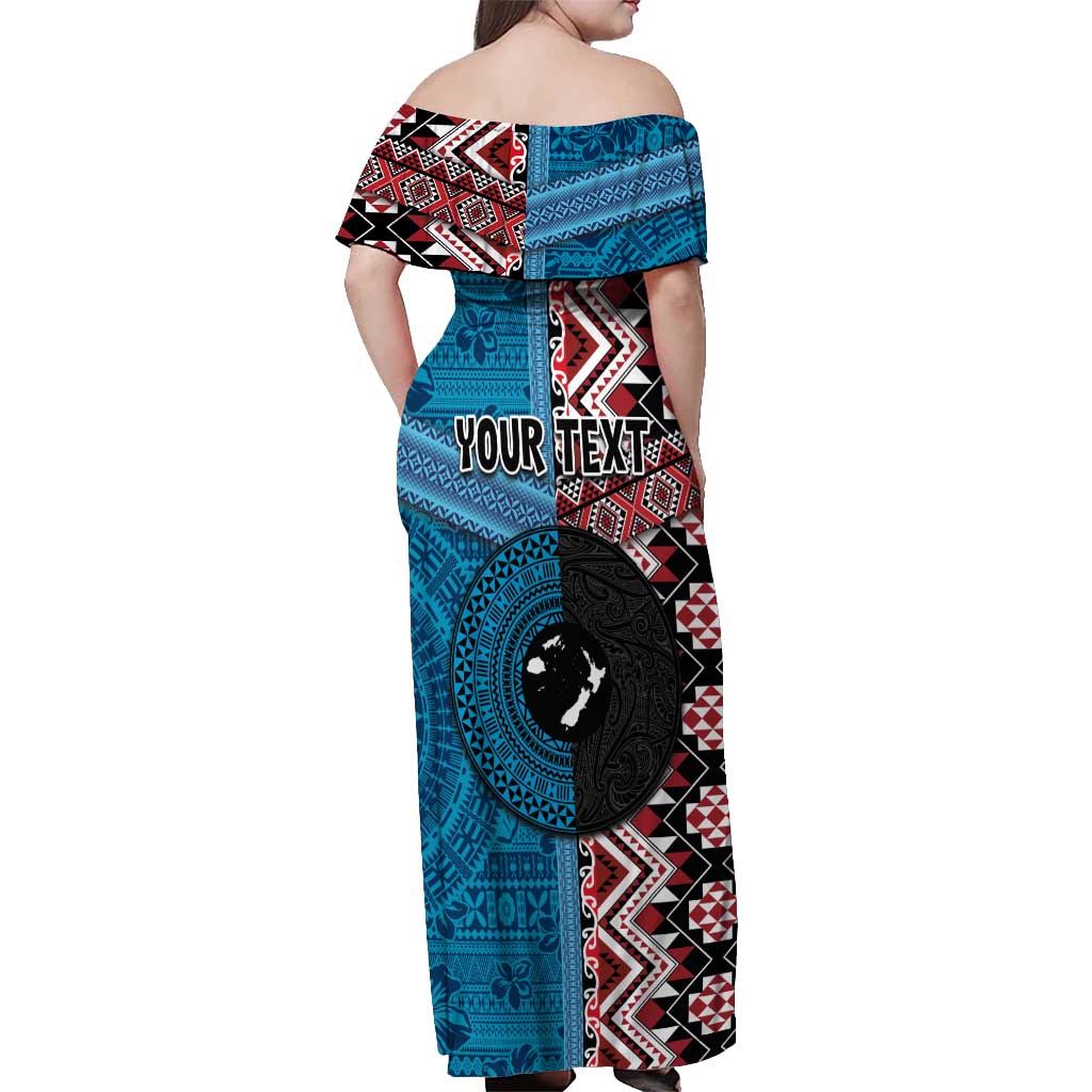 Personalised Aotearoa and Fiji Together Off Shoulder Maxi Dress Melanesian Warrior and Koru - Taniko with Hibiscus Tapa Pattern