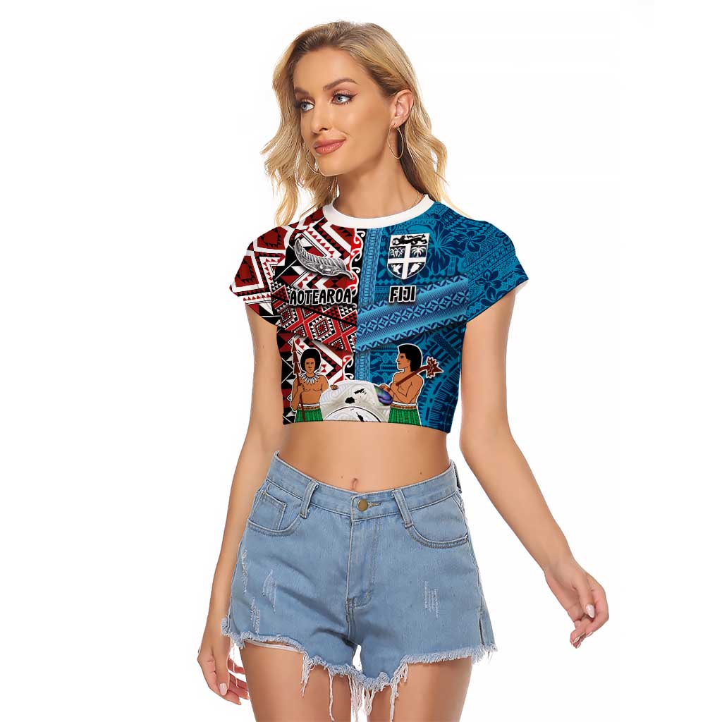 Personalised Aotearoa and Fiji Together Raglan Cropped T Shirt Melanesian Warrior and Koru - Taniko with Hibiscus Tapa Pattern