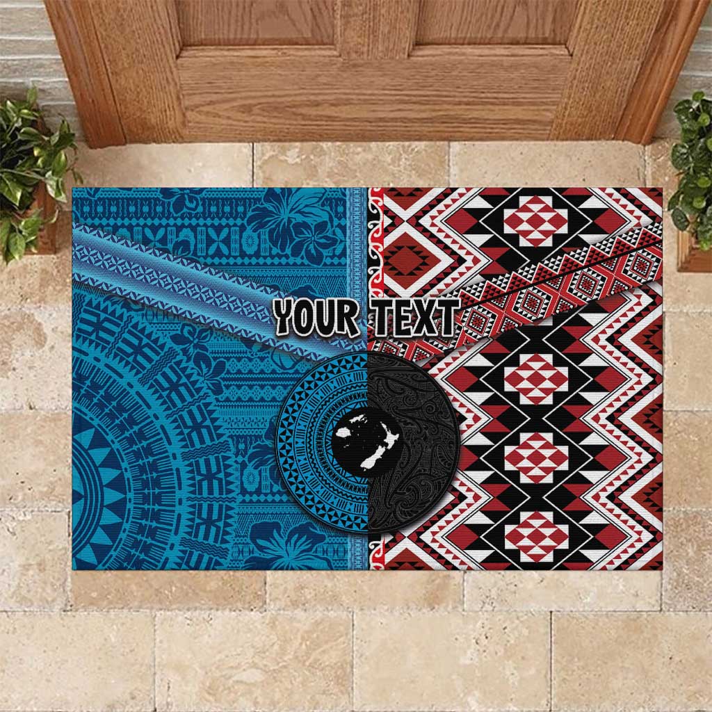 Personalised Aotearoa and Fiji Together Rubber Doormat Melanesian Warrior and Koru - Taniko with Hibiscus Tapa Pattern LT03 Blue - Polynesian Pride