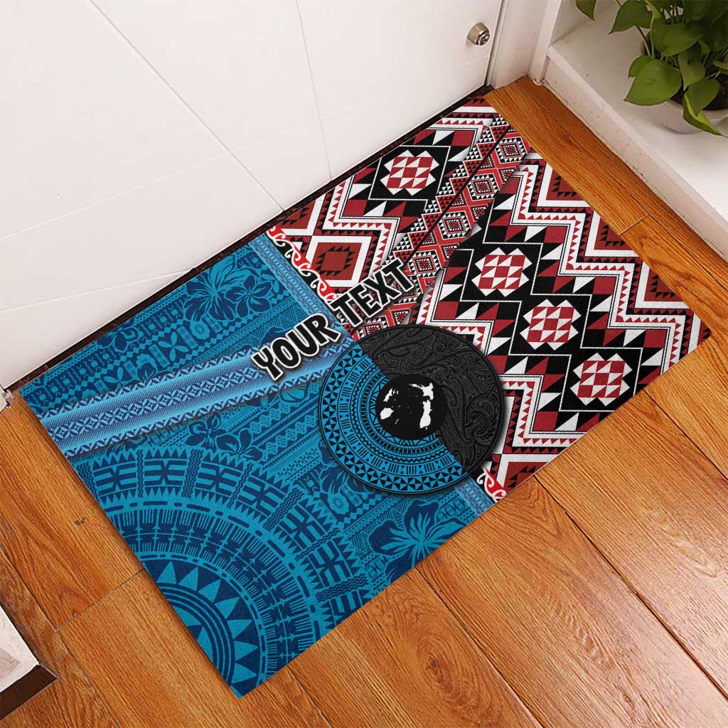 Personalised Aotearoa and Fiji Together Rubber Doormat Melanesian Warrior and Koru - Taniko with Hibiscus Tapa Pattern LT03 - Polynesian Pride