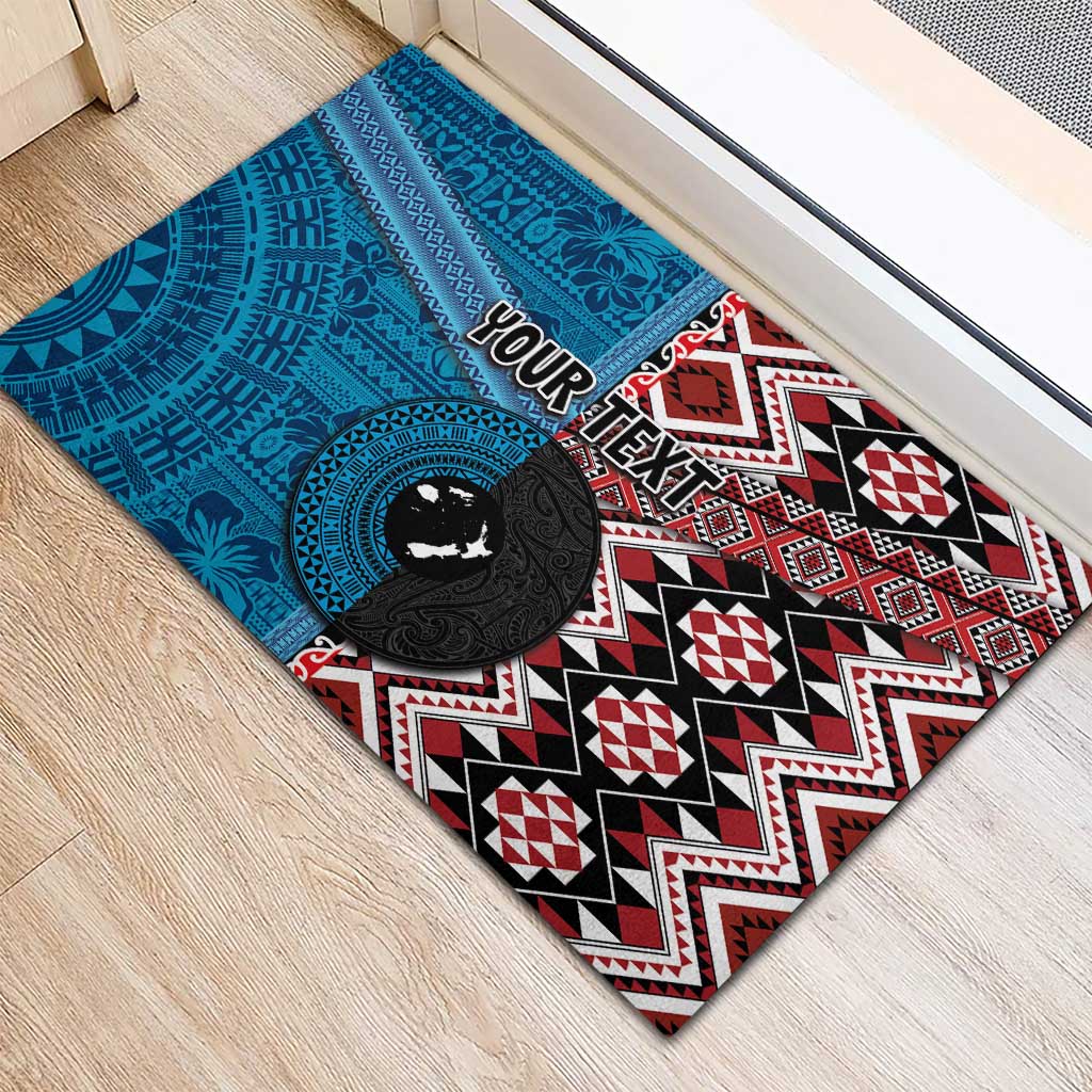 Personalised Aotearoa and Fiji Together Rubber Doormat Melanesian Warrior and Koru - Taniko with Hibiscus Tapa Pattern LT03 - Polynesian Pride