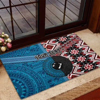 Personalised Aotearoa and Fiji Together Rubber Doormat Melanesian Warrior and Koru - Taniko with Hibiscus Tapa Pattern LT03 - Polynesian Pride