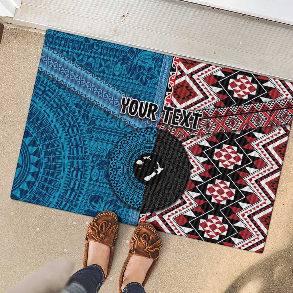 Personalised Aotearoa and Fiji Together Rubber Doormat Melanesian Warrior and Koru - Taniko with Hibiscus Tapa Pattern LT03 - Polynesian Pride