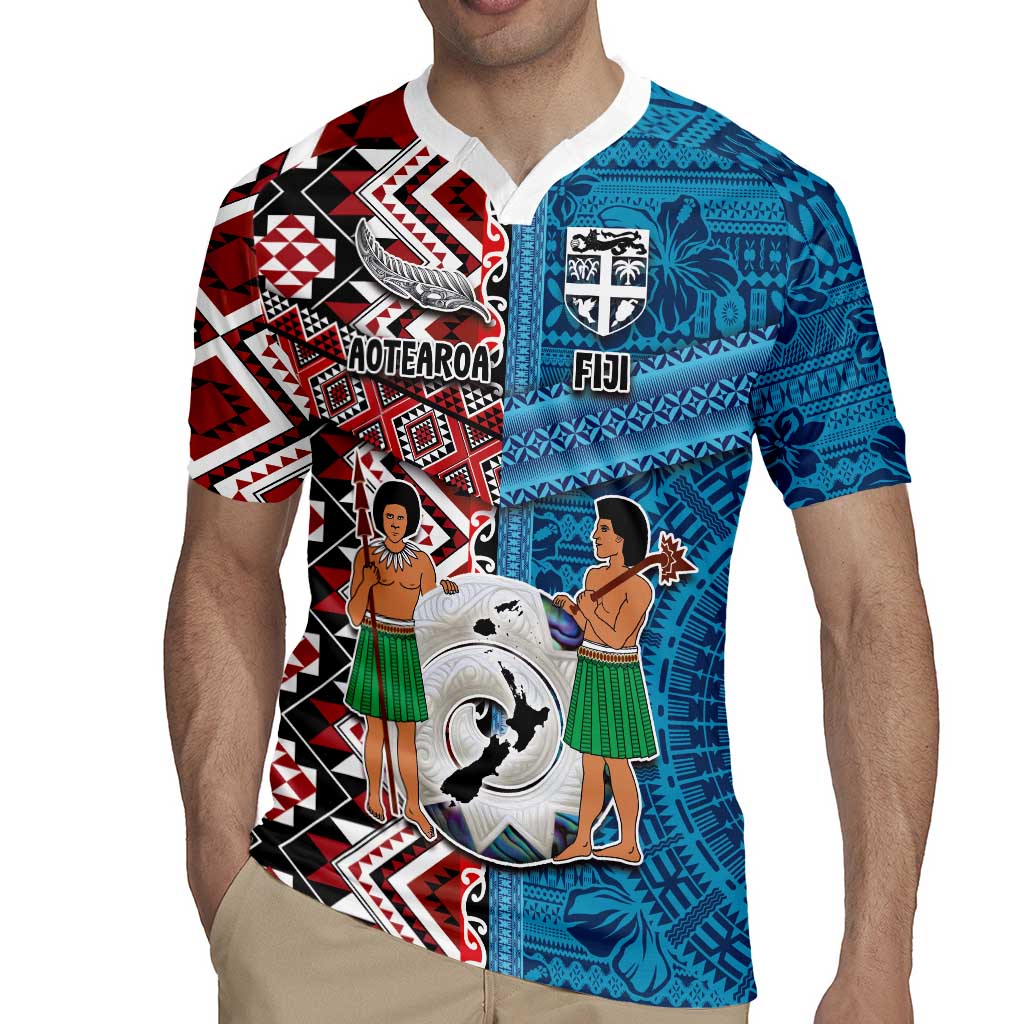 Personalised Aotearoa and Fiji Together Rugby Jersey Melanesian Warrior and Koru - Taniko with Hibiscus Tapa Pattern