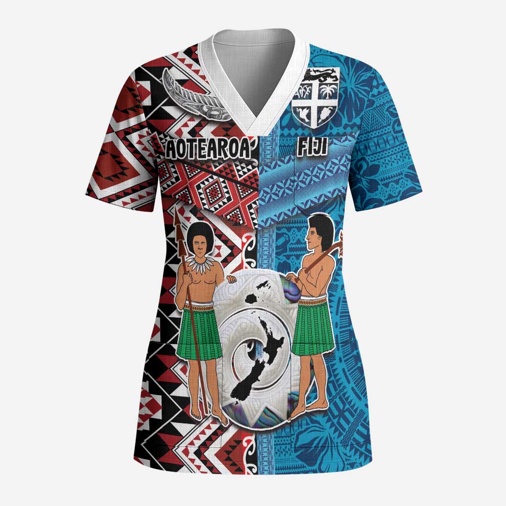 Personalised Aotearoa and Fiji Together Scrub Top Melanesian Warrior and Koru - Taniko with Hibiscus Tapa Pattern - Polynesian Pride