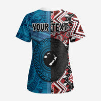 Personalised Aotearoa and Fiji Together Scrub Top Melanesian Warrior and Koru - Taniko with Hibiscus Tapa Pattern - Polynesian Pride