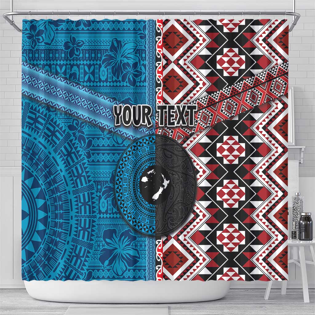 Personalised Aotearoa and Fiji Together Shower Curtain Melanesian Warrior and Koru - Taniko with Hibiscus Tapa Pattern