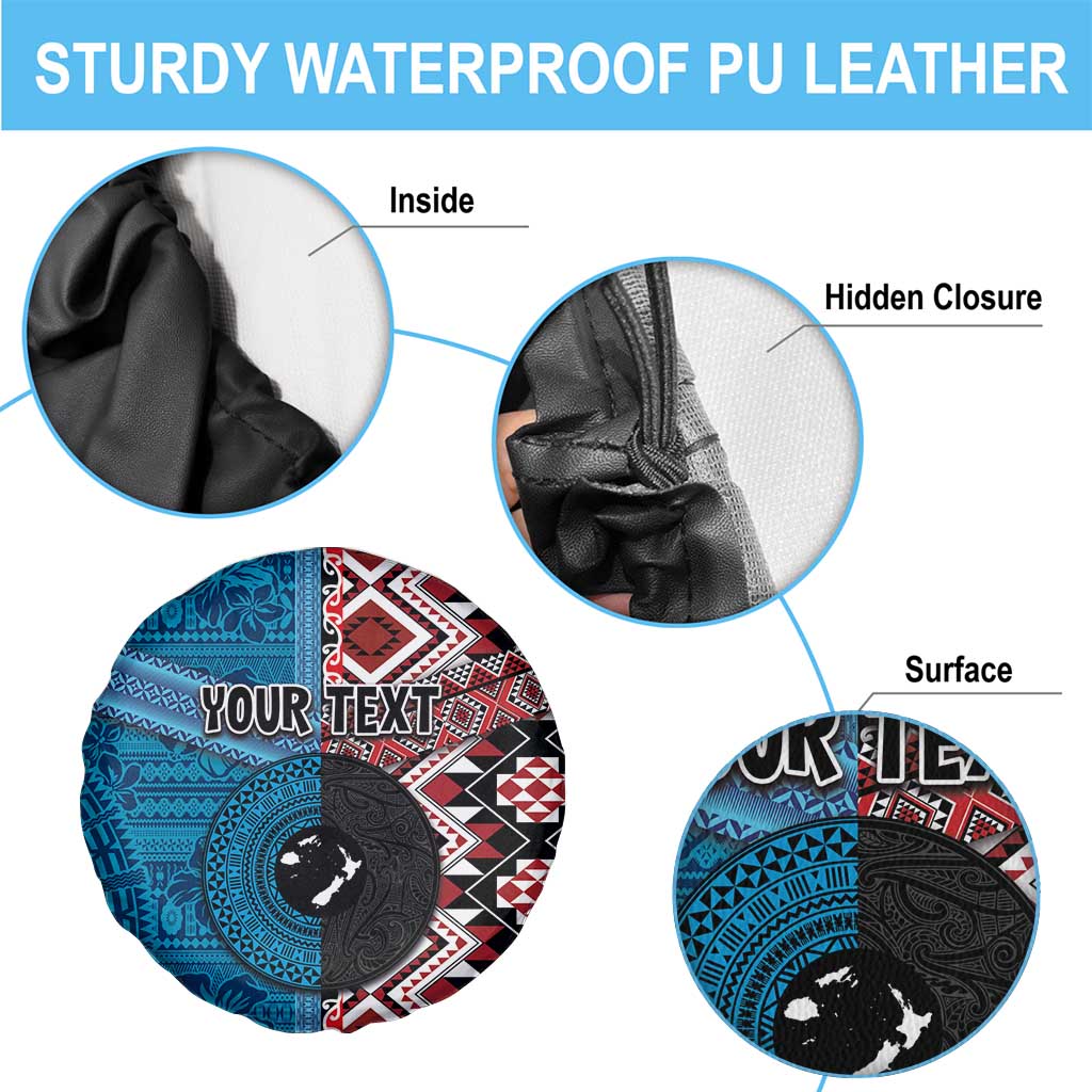 Personalised Aotearoa and Fiji Together Spare Tire Cover Melanesian Warrior and Koru - Taniko with Hibiscus Tapa Pattern