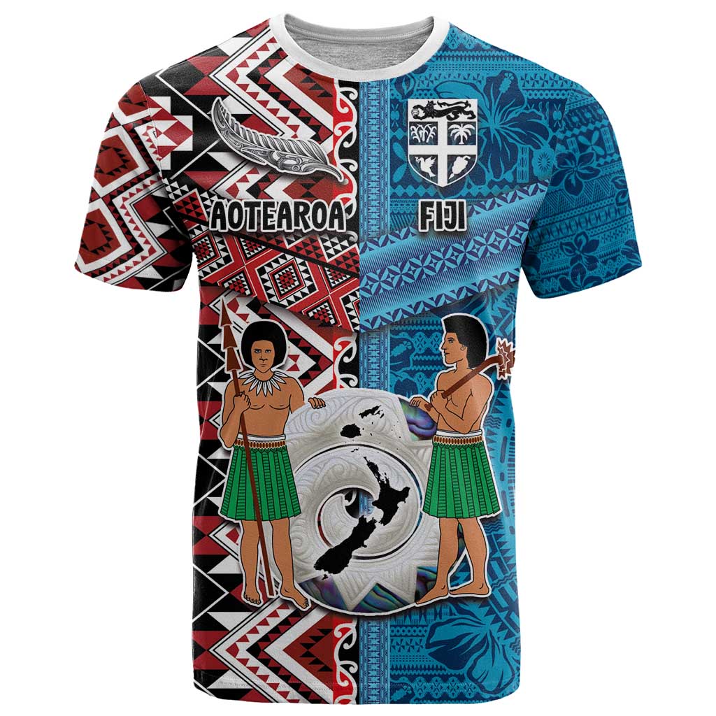Personalised Aotearoa and Fiji Together T Shirt Melanesian Warrior and Koru - Taniko with Hibiscus Tapa Pattern LT03 Blue - Polynesian Pride