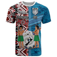 Personalised Aotearoa and Fiji Together T Shirt Melanesian Warrior and Koru - Taniko with Hibiscus Tapa Pattern LT03 Blue - Polynesian Pride