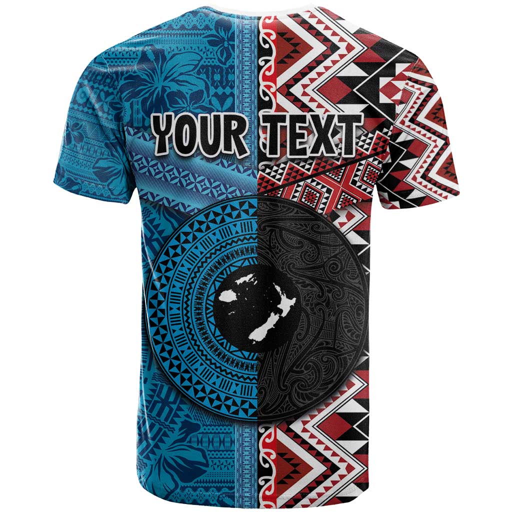 Personalised Aotearoa and Fiji Together T Shirt Melanesian Warrior and Koru - Taniko with Hibiscus Tapa Pattern LT03 - Polynesian Pride
