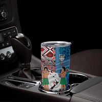 Personalised Aotearoa and Fiji Together Tumbler Cup Melanesian Warrior and Koru - Taniko with Hibiscus Tapa Pattern