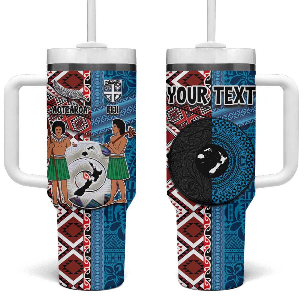 Personalised Aotearoa and Fiji Together Tumbler With Handle Melanesian Warrior and Koru - Taniko with Hibiscus Tapa Pattern