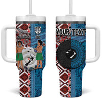 Personalised Aotearoa and Fiji Together Tumbler With Handle Melanesian Warrior and Koru - Taniko with Hibiscus Tapa Pattern