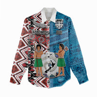 Personalised Aotearoa and Fiji Together Women Casual Shirt Melanesian Warrior and Koru - Taniko with Hibiscus Tapa Pattern