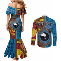 Personalised Australia and Fiji Together Couples Matching Mermaid Dress and Long Sleeve Button Shirt Tribal Palm Tree with Tapa and Aboriginal Animals Half Style