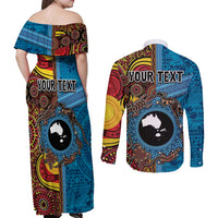 Personalised Australia and Fiji Together Couples Matching Off Shoulder Maxi Dress and Long Sleeve Button Shirt Tribal Palm Tree with Tapa and Aboriginal Animals Half Style