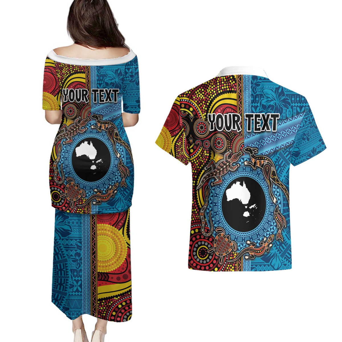 Personalised Australia and Fiji Together Couples Matching Puletasi and Hawaiian Shirt Tribal Palm Tree with Tapa and Aboriginal Animals Half Style