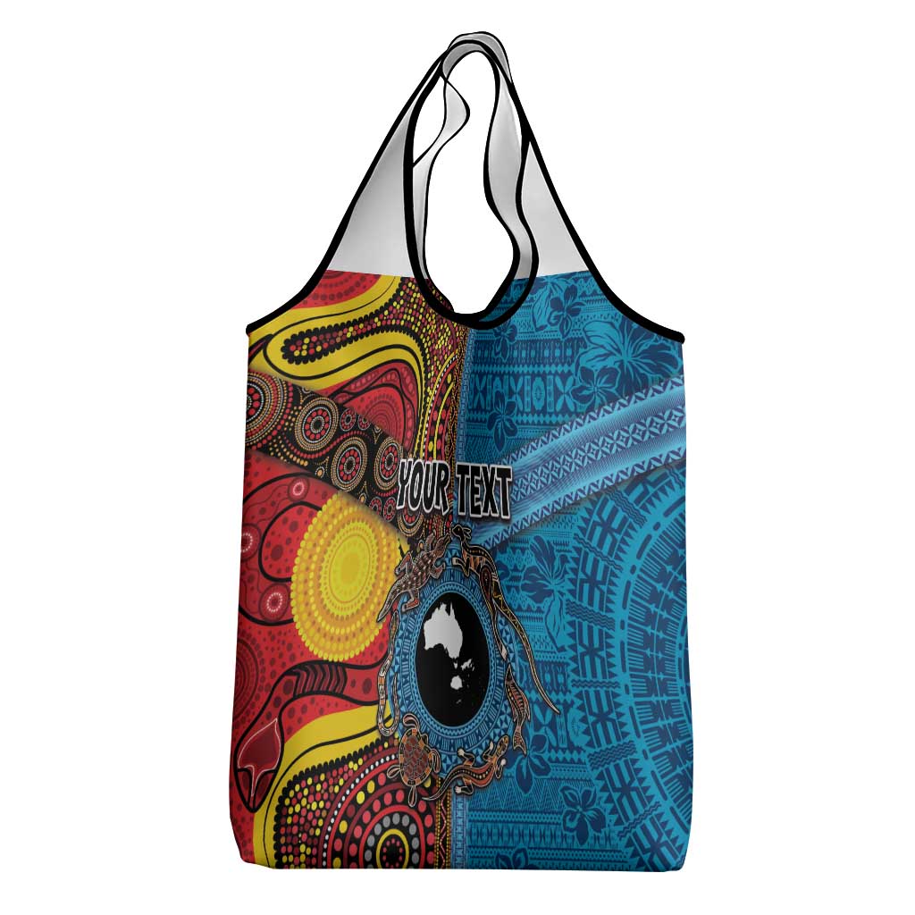 Personalised Australia and Fiji Together Grocery Bag Tribal Palm Tree with Tapa and Aboriginal Animals Half Style