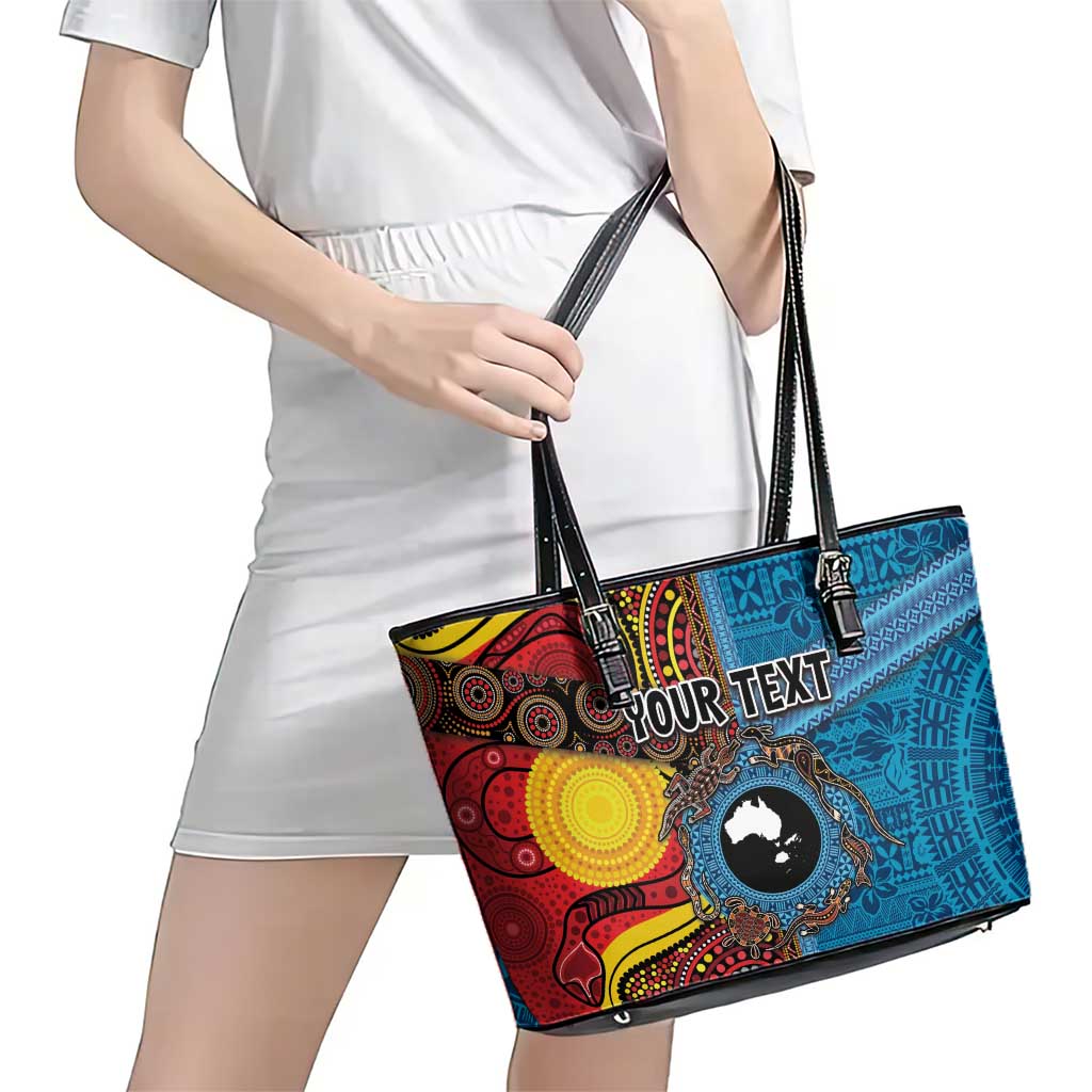 Personalised Australia and Fiji Together Leather Tote Bag Tribal Palm Tree with Tapa and Aboriginal Animals Half Style