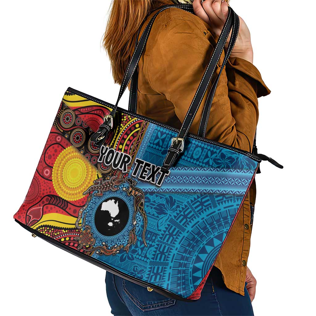 Personalised Australia and Fiji Together Leather Tote Bag Tribal Palm Tree with Tapa and Aboriginal Animals Half Style