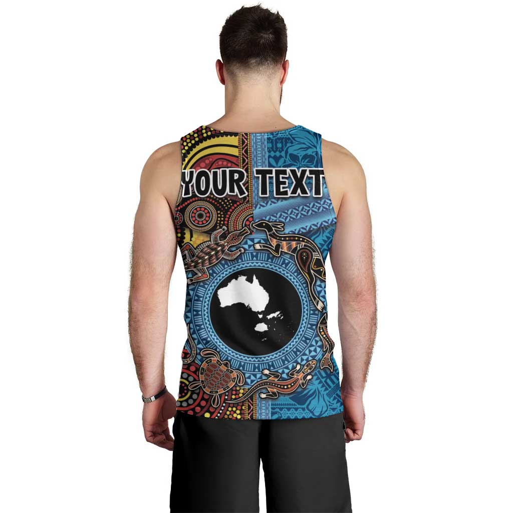 Personalised Australia and Fiji Together Men Tank Top Tribal Palm Tree with Tapa and Aboriginal Animals Half Style