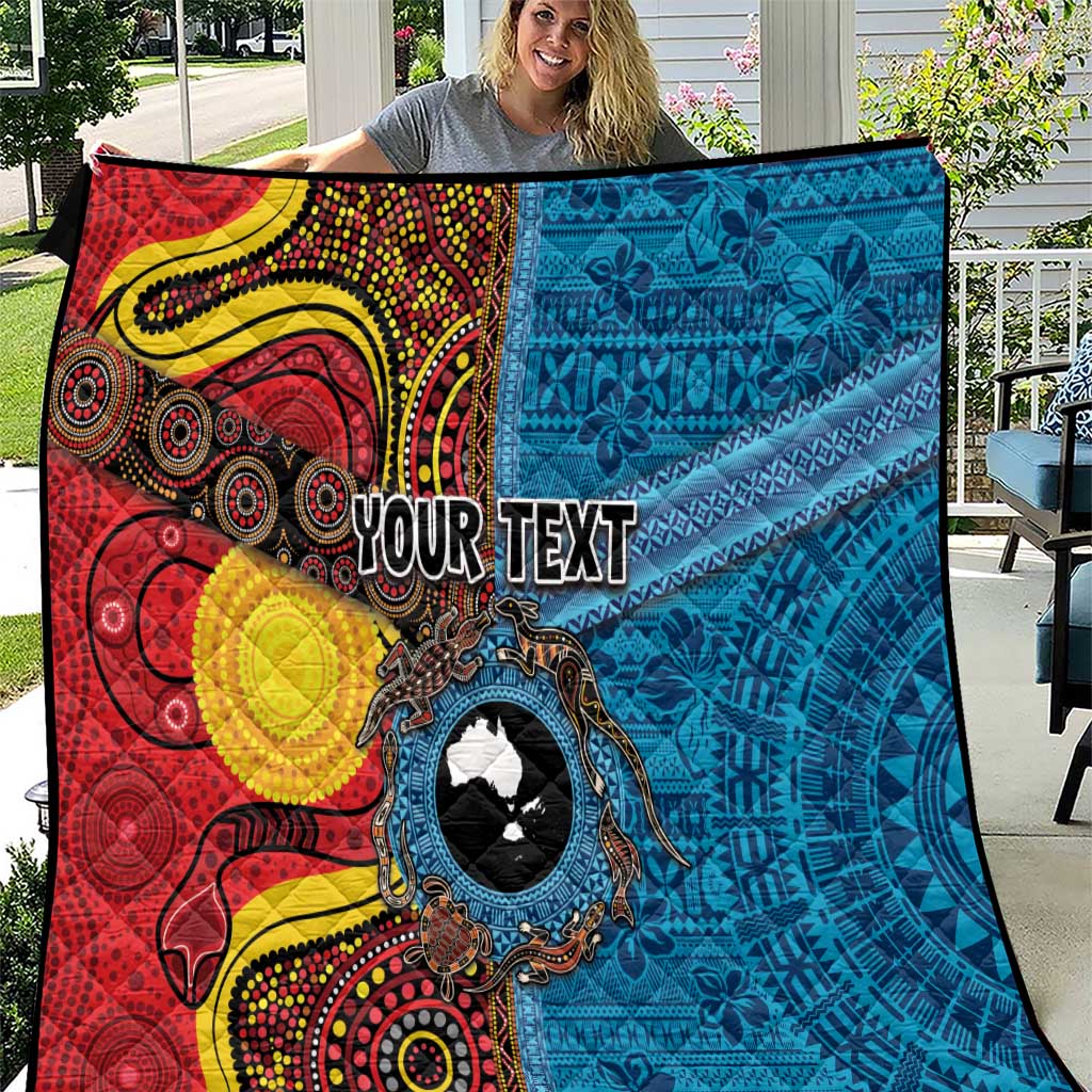 Personalised Australia and Fiji Together Quilt Tribal Palm Tree with Tapa and Aboriginal Animals Half Style LT03 Blue - Polynesian Pride