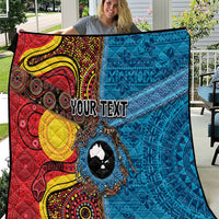 Personalised Australia and Fiji Together Quilt Tribal Palm Tree with Tapa and Aboriginal Animals Half Style LT03 Blue - Polynesian Pride