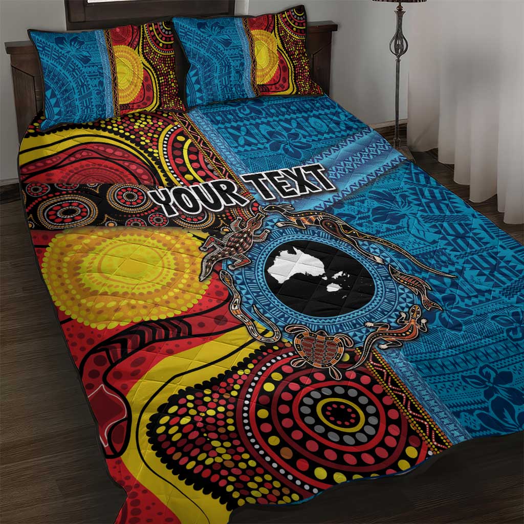Personalised Australia and Fiji Together Quilt Bed Set Tribal Palm Tree with Tapa and Aboriginal Animals Half Style