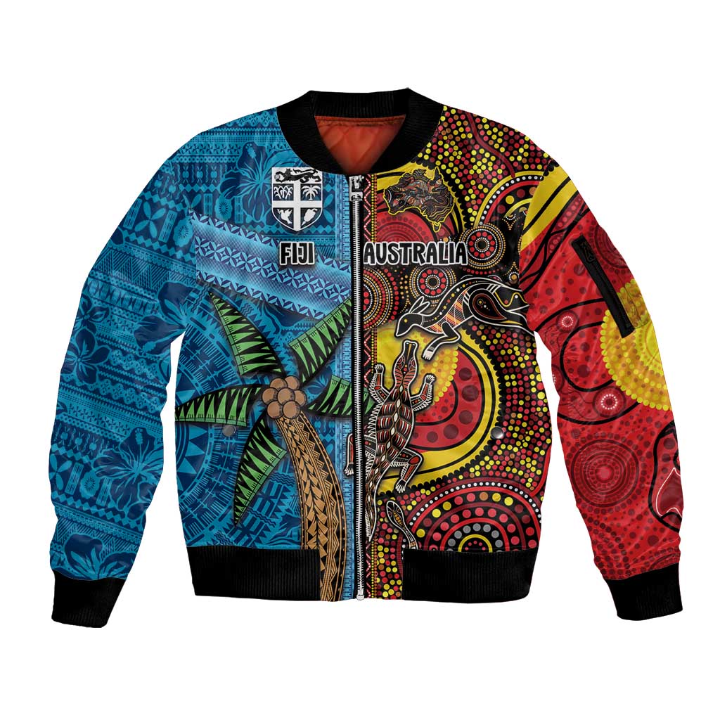 Personalised Australia and Fiji Together Sleeve Zip Bomber Jacket Tribal Palm Tree with Tapa and Aboriginal Animals Half Style