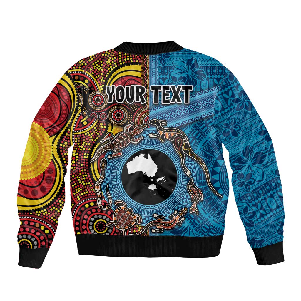 Personalised Australia and Fiji Together Sleeve Zip Bomber Jacket Tribal Palm Tree with Tapa and Aboriginal Animals Half Style