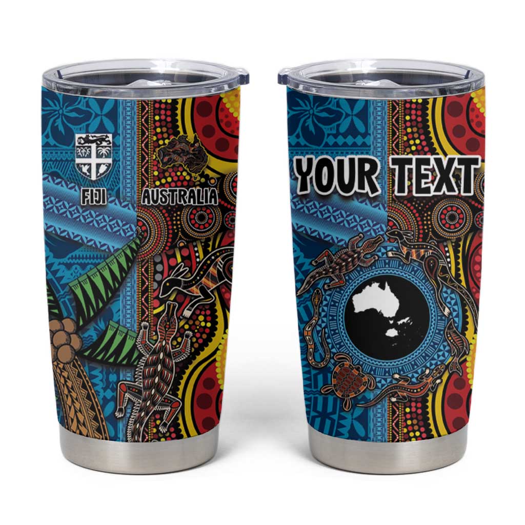 Personalised Australia and Fiji Together Tumbler Cup Tribal Palm Tree with Tapa and Aboriginal Animals Half Style