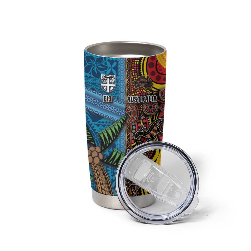 Personalised Australia and Fiji Together Tumbler Cup Tribal Palm Tree with Tapa and Aboriginal Animals Half Style