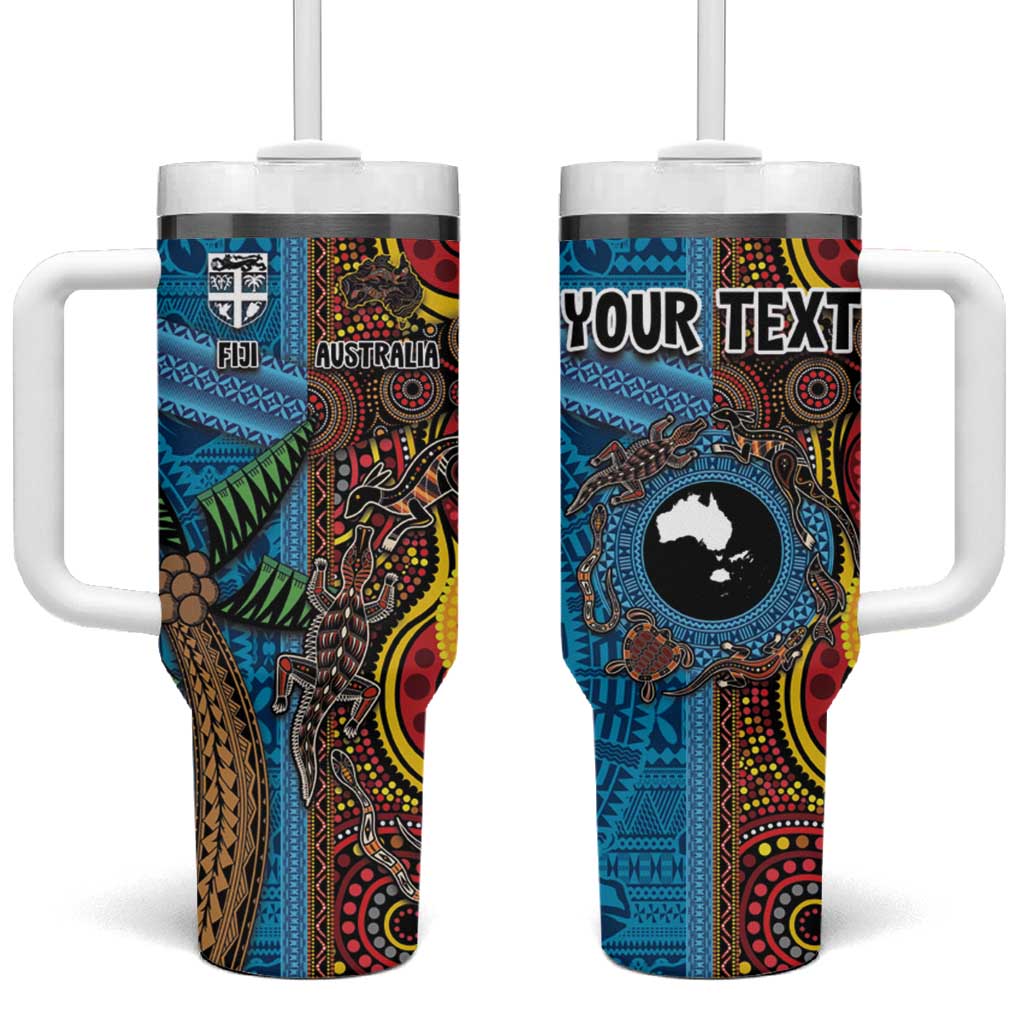 Personalised Australia and Fiji Together Tumbler With Handle Tribal Palm Tree with Tapa and Aboriginal Animals Half Style