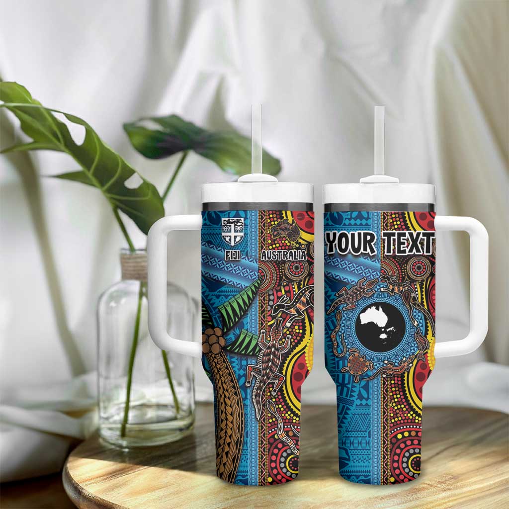 Personalised Australia and Fiji Together Tumbler With Handle Tribal Palm Tree with Tapa and Aboriginal Animals Half Style