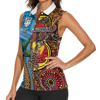 Personalised Australia and Fiji Together Women Sleeveless Polo Shirt Tribal Palm Tree with Tapa and Aboriginal Animals Half Style
